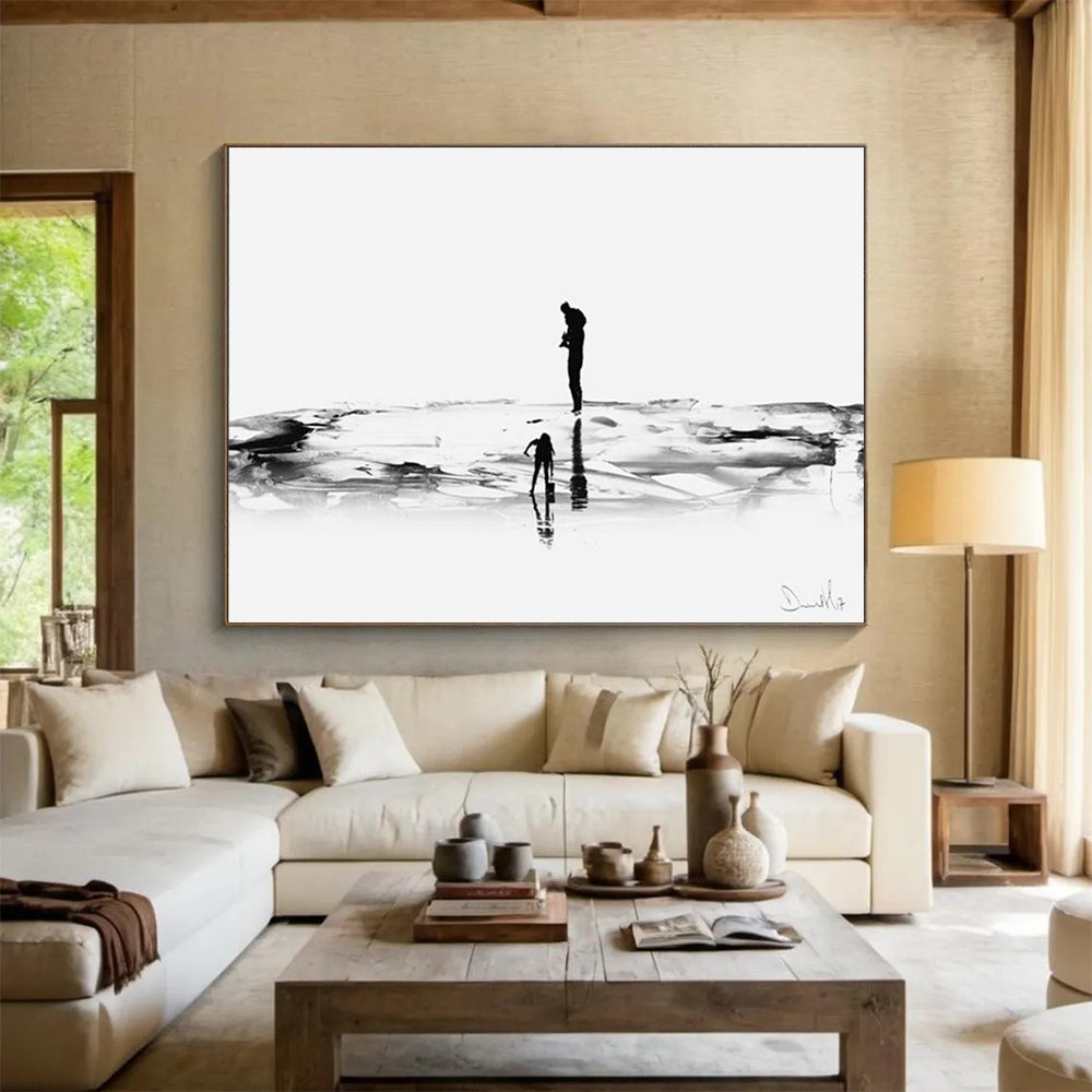 “Black and White Silhouette Beach Scene” - Monochromatic Figurative Painting On Canvas PT114