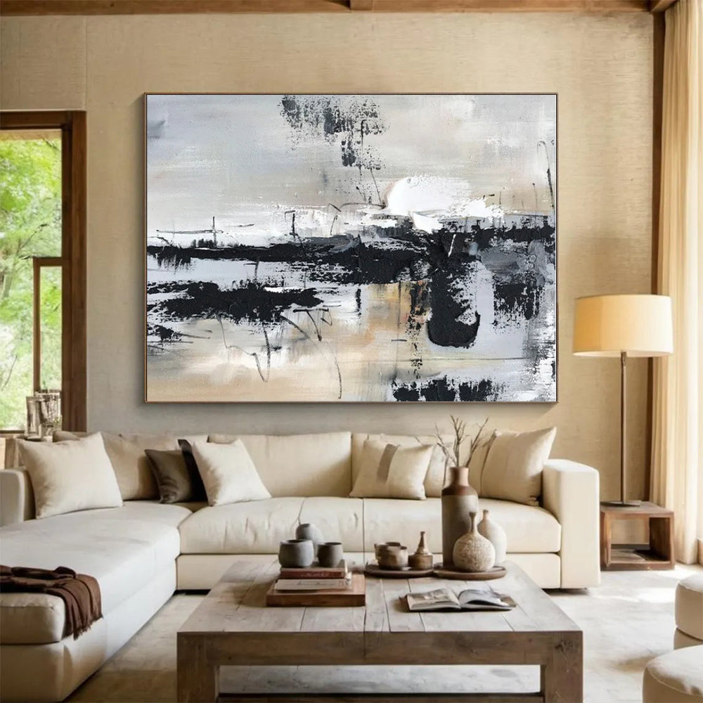 Black, White, Gray Layered Chaos “Industrial Mood” - Painting On Canvas PS0808