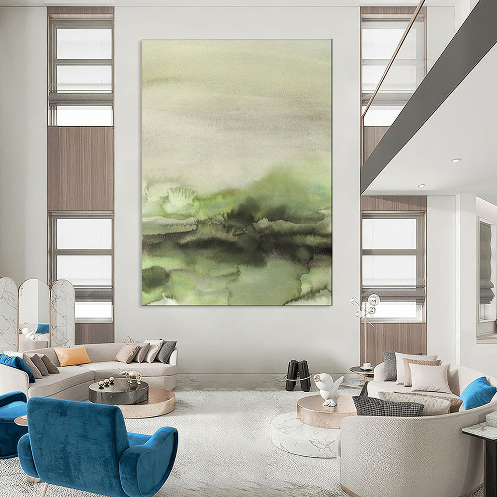 “Green - Gray Watercolor Abstract” - Watercolor Landscape Painting On Canvas PT1965