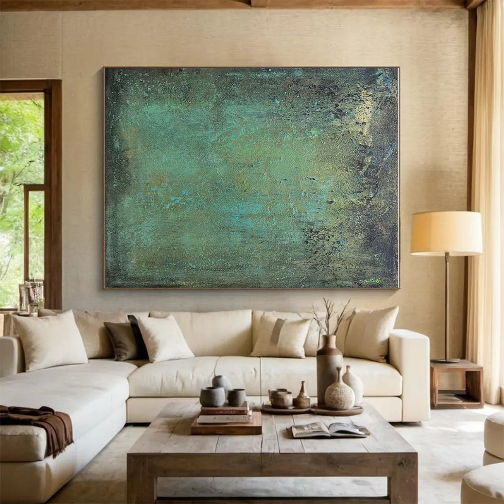 “Teal - Green Textured Patina Repeat” - Teal, Green, Brown Abstract Textured Painting On Canvas PS0642