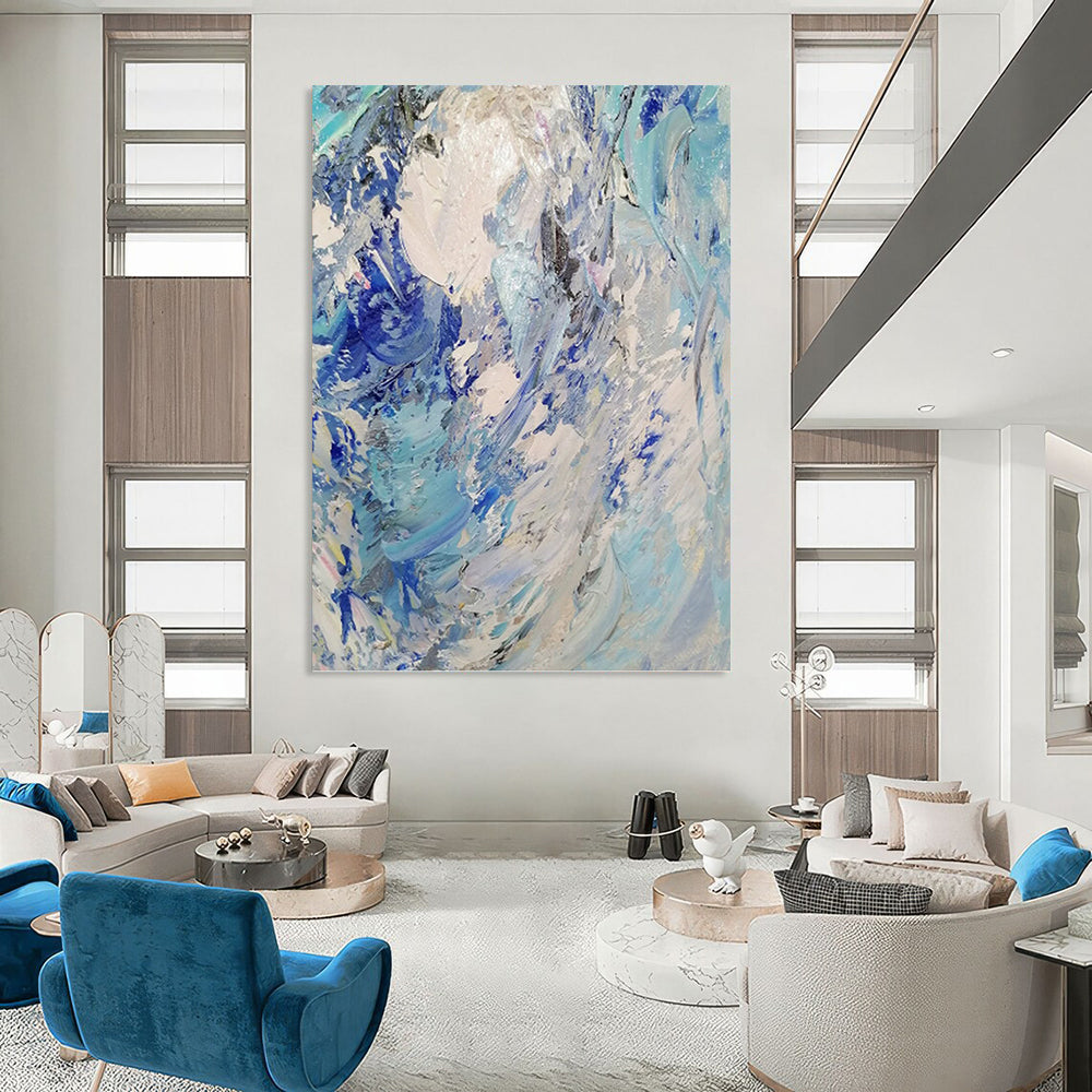 “Blue - White Textured Abstract” - Impasto Abstract Painting On Canvas PT1288