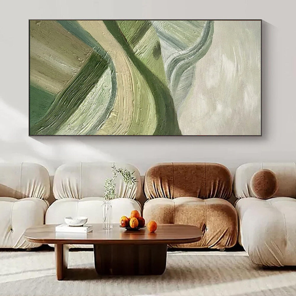 Green, Beige with Textured Hills "Rolling Serenity" Abstract Painting On Canvas PS1455