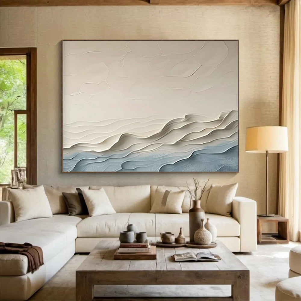 “Beige & Blue Textured Waves” - 3D Abstract Landscape Painting On Canvas PT251