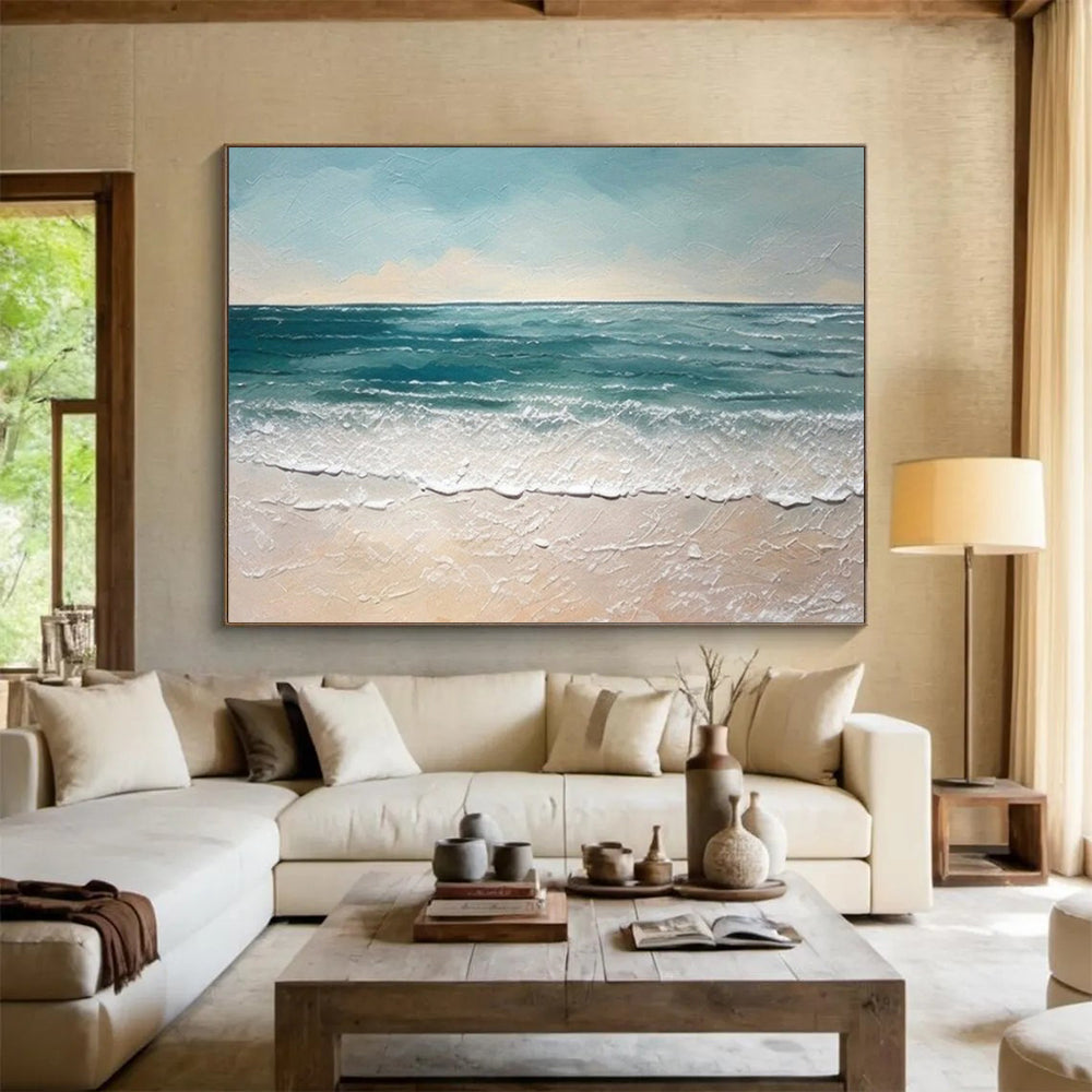 “Blue - White Abstract Beach” - Textured Blue “Sandy Serenity” Painting On Canvas PT1644