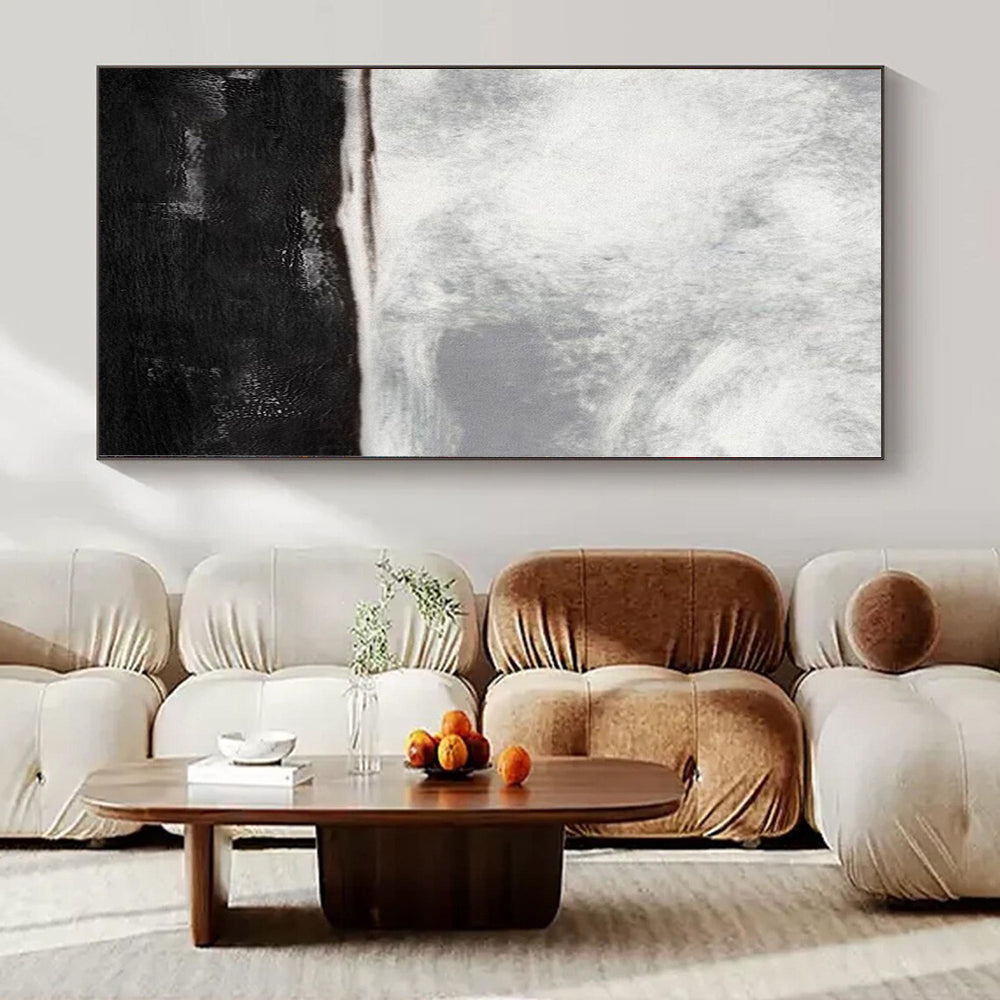 Black, White and Gray with Textured Divide "Midnight Calm" Abstract Painting On Canvas PS1154