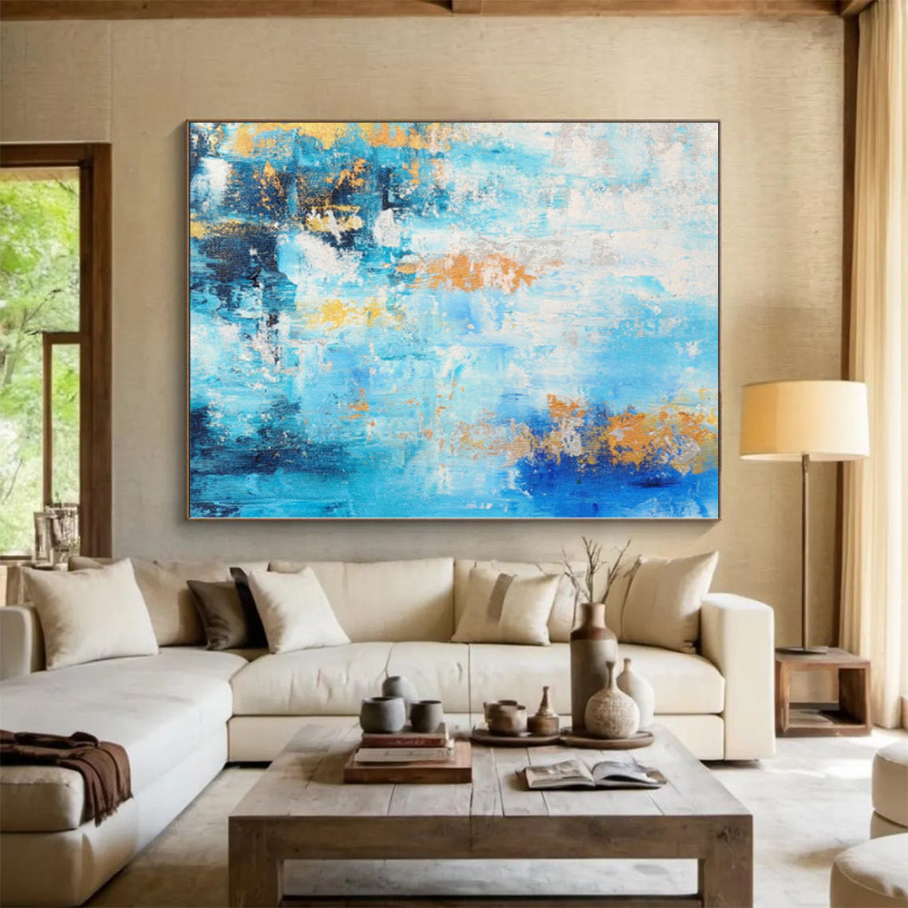“Blue and Gold Abstract Flow” - Abstract Expressionist Painting On Canvas PS0015
