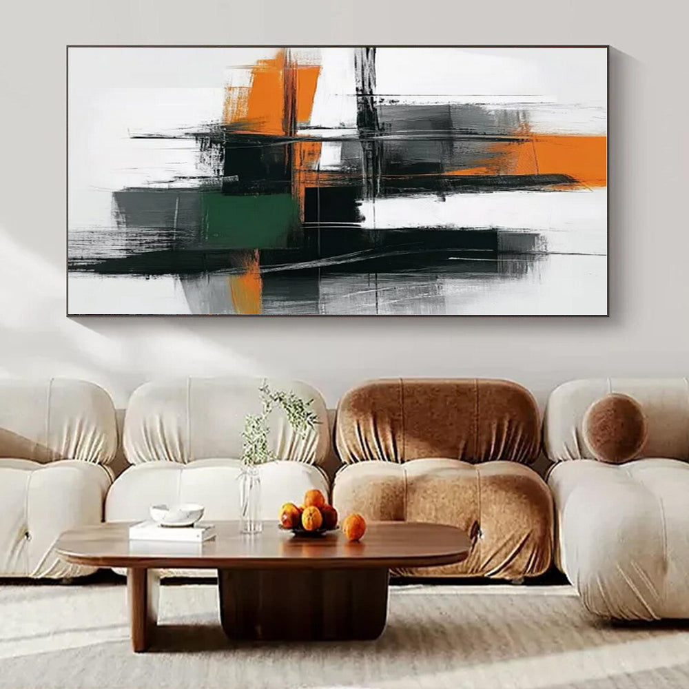 Urban Geometry in Orange, Gray, and Green - Bold Brushstrokes Abstract Painting On Canvas PS1244