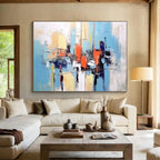 “Abstract City in Blue, Orange, and Yellow” - Modern Urban Painting On Canvas PT068