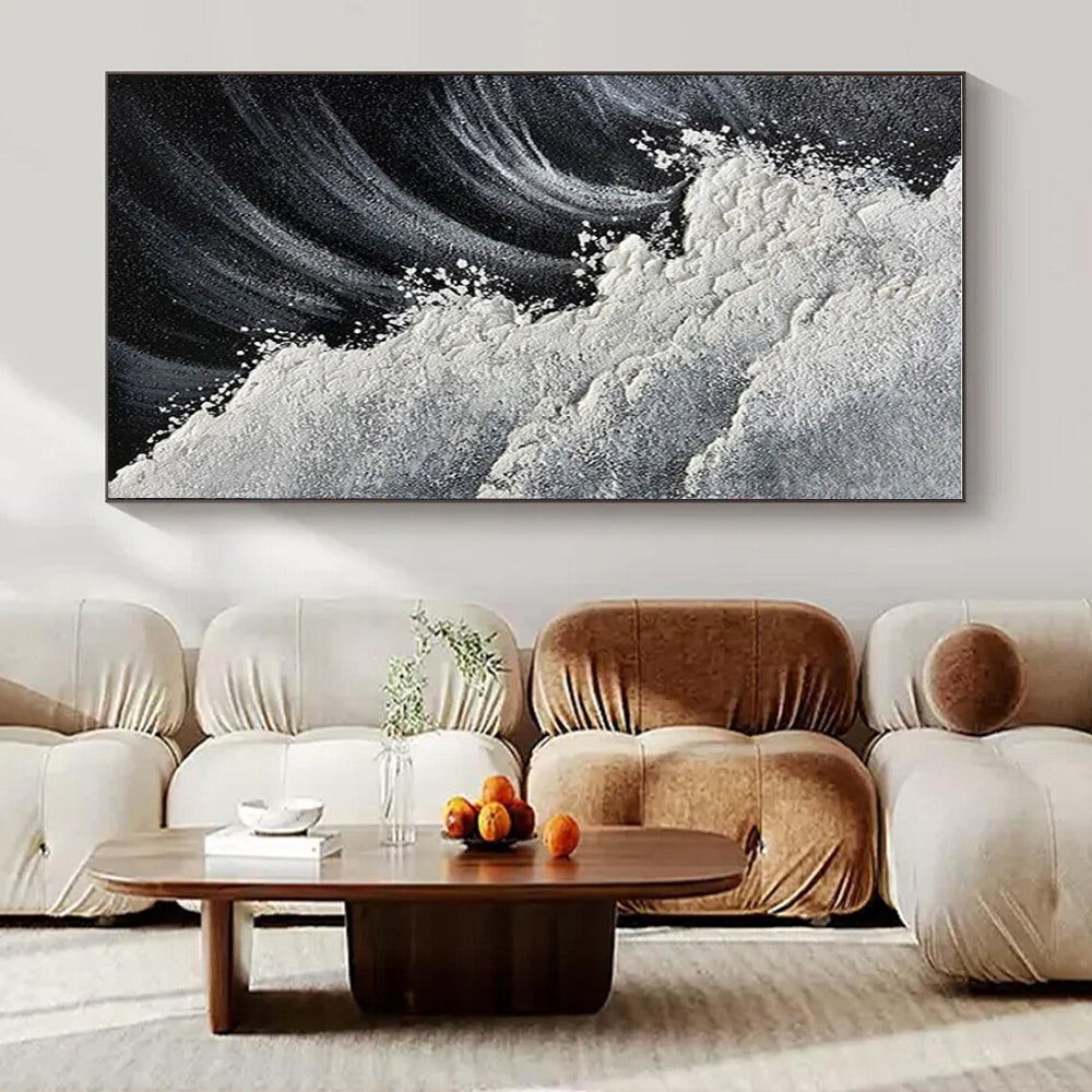 Black, White with Textured Wave "Monochrome Surf" Abstract Painting On Canvas PS1484