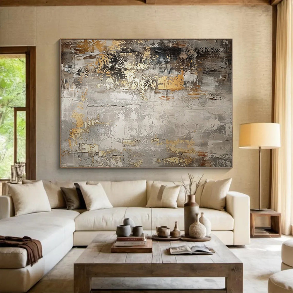 “Gray - Gold Abstract” - Industrial Abstract Painting On Canvas PS0086