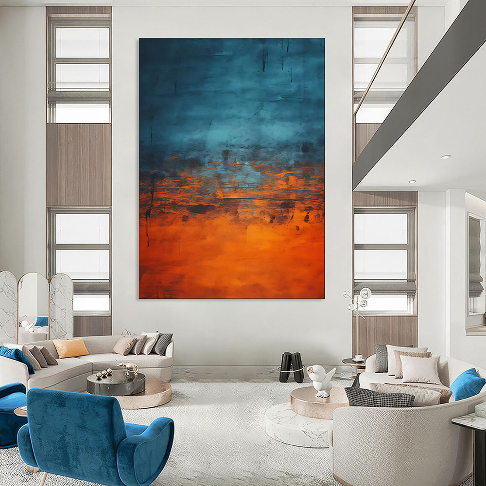 “Blue - Orange Blended Abstract with Dripping Details” - Abstract Expressionist Painting On Canvas PT1944