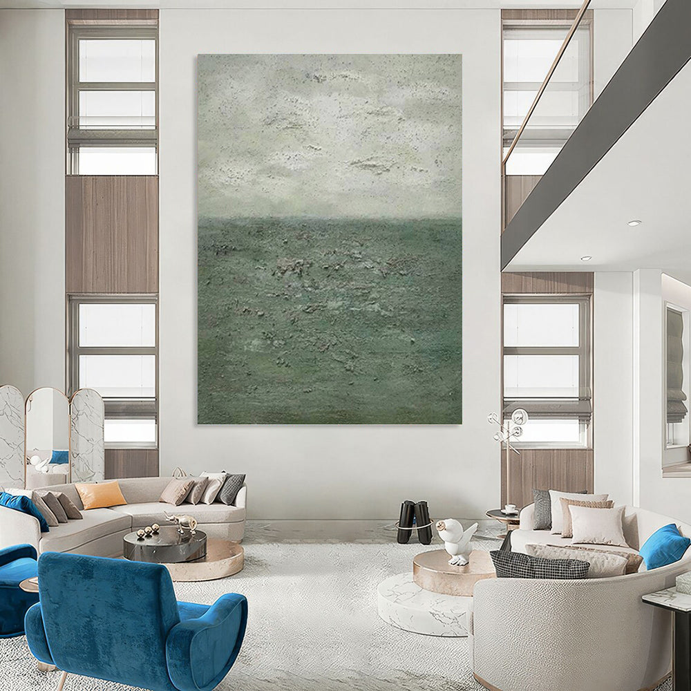 “Textured Green and Gray Seascape” - Seascape, Green - and - Gray Painting On Canvas PT1504