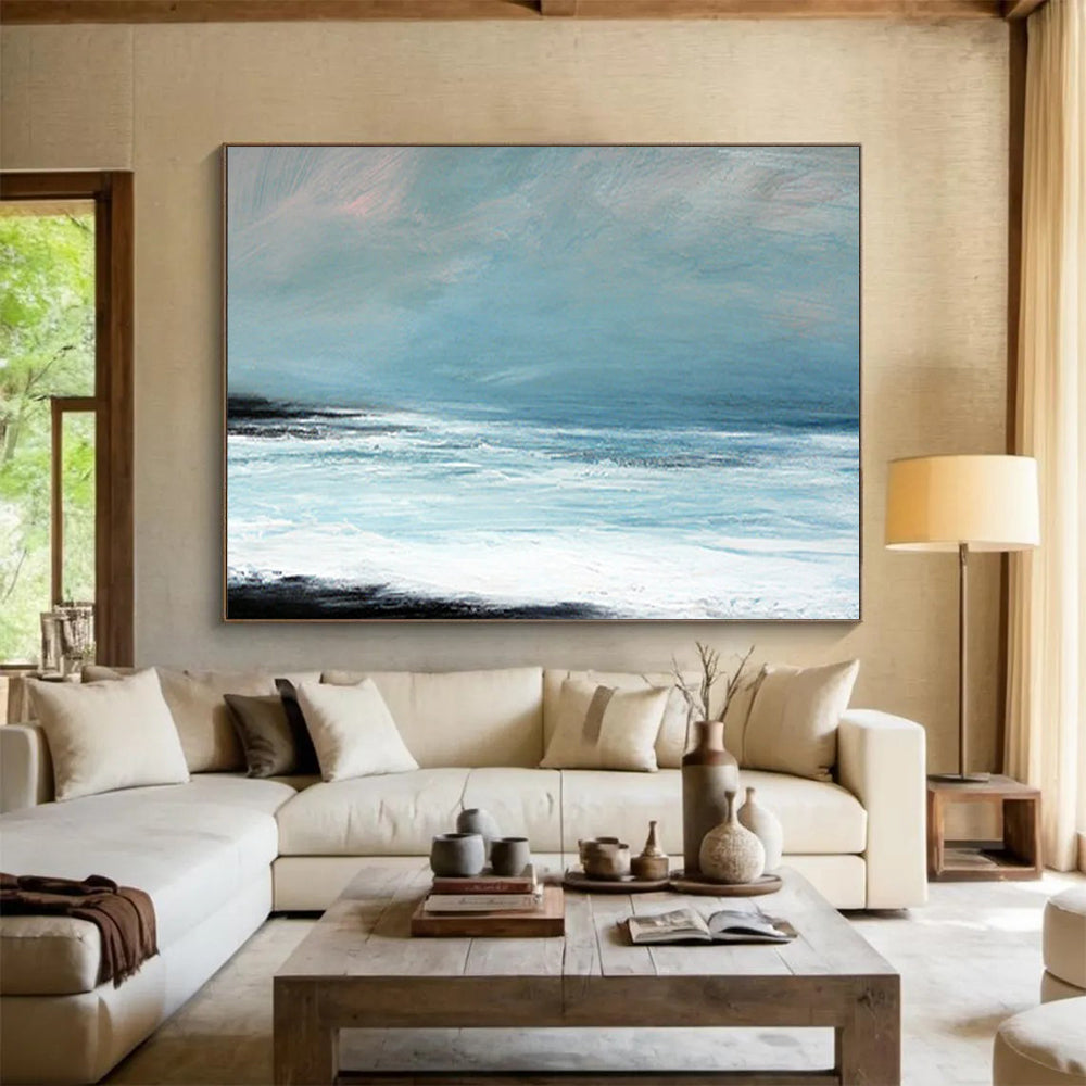 “Minimalist Coastal Landscape in Blues and Blacks” - Serene Seaside Oil Painting On Canvas PT032