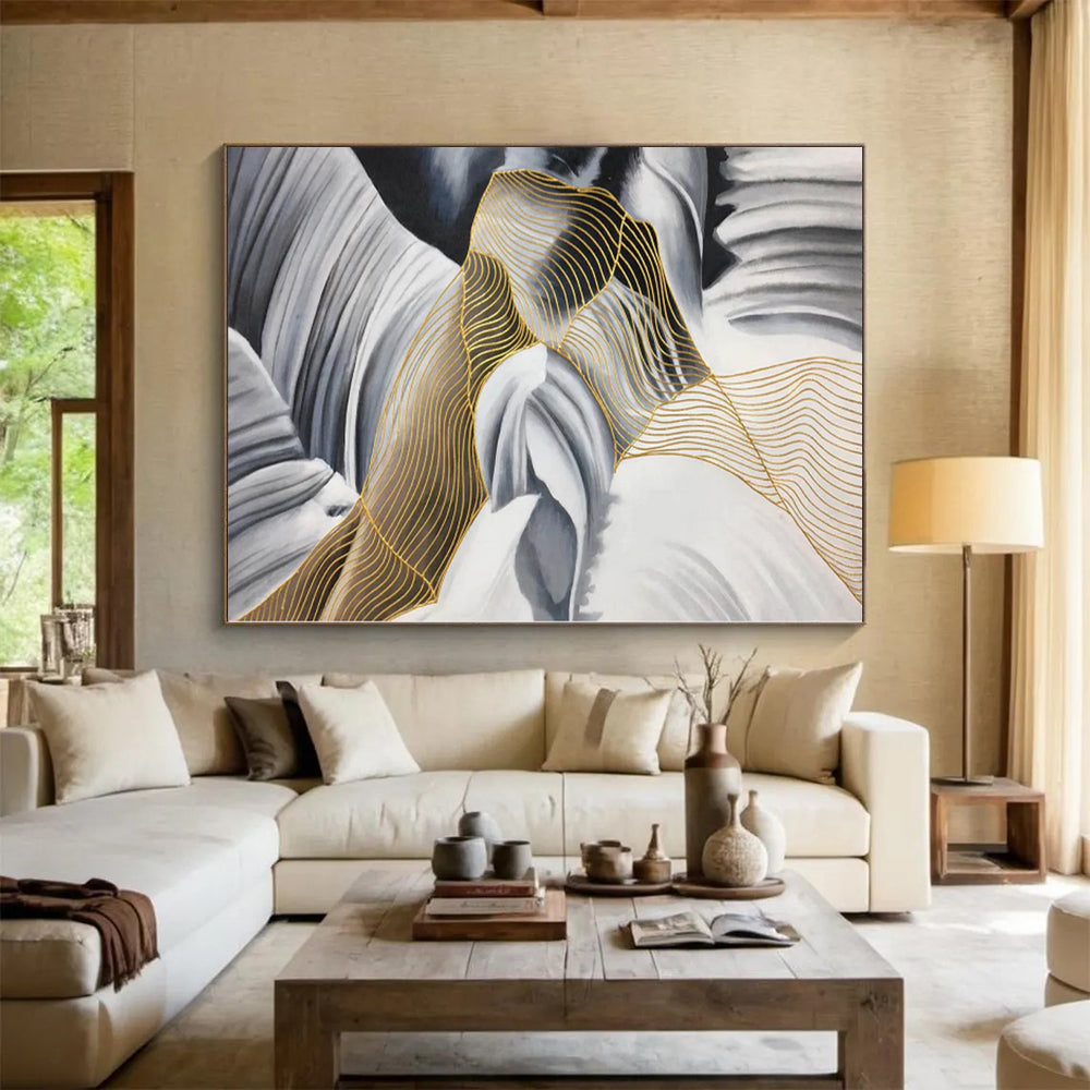 “Black - White - Gold Abstract Flowing Lines” - Luxe Abstract Painting On Canvas PS0351