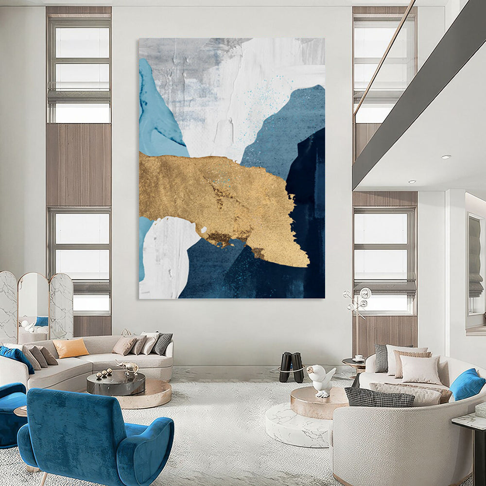 “Blue, White, and Gold Abstract” - Elegant, Metallic - Accented Painting On Canvas PT1527