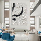 “Curved Textures: Black and White Abstract” - Tactile Abstract Painting On Canvas DS400