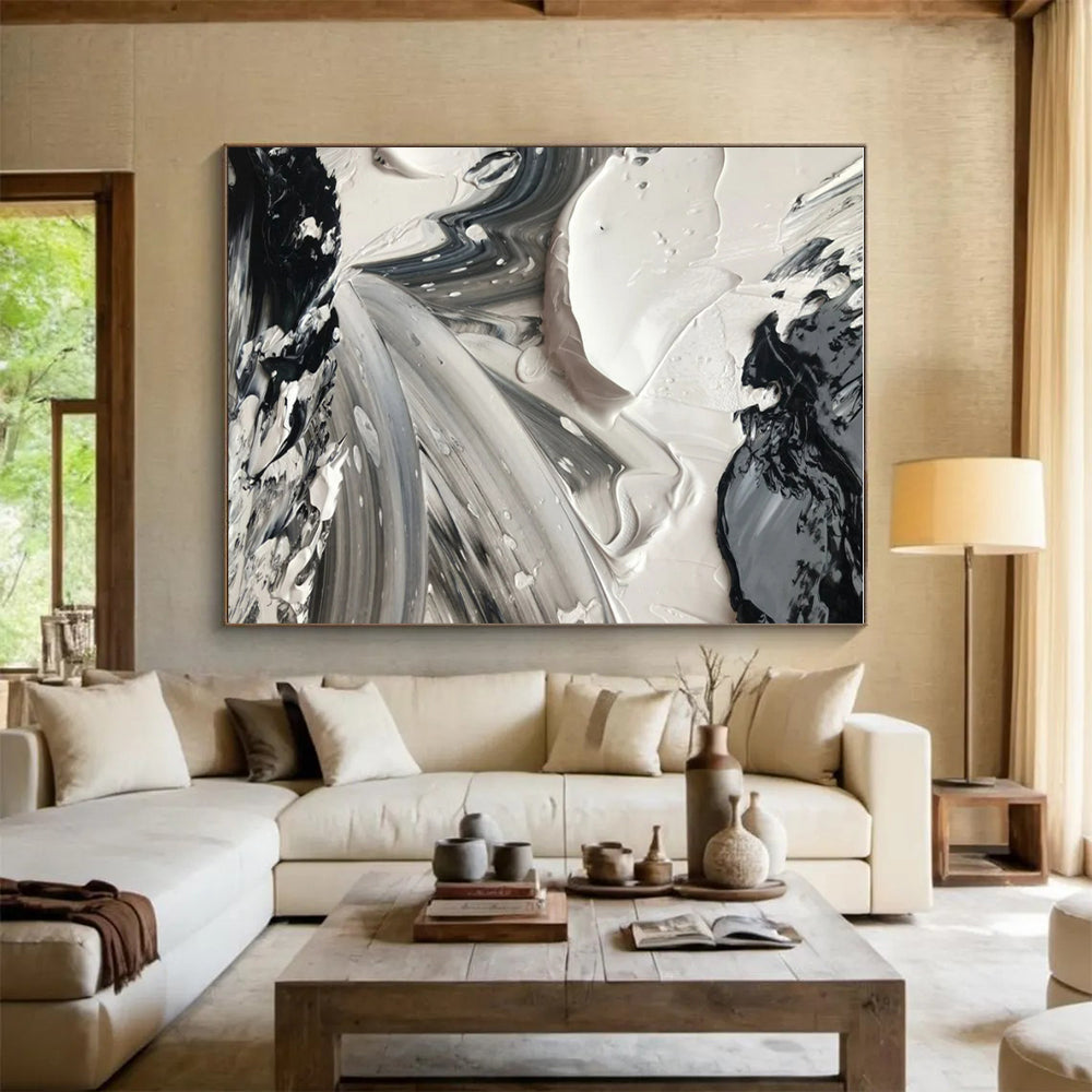 “Dynamic Black - White Textures” - Black, White Abstract Expressionist Painting On Canvas PS0713
