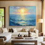 “Vibrant Sunset Sea” - Blue, Orange & Yellow Landscape, Expressive Oil Painting On Canvas DKS760