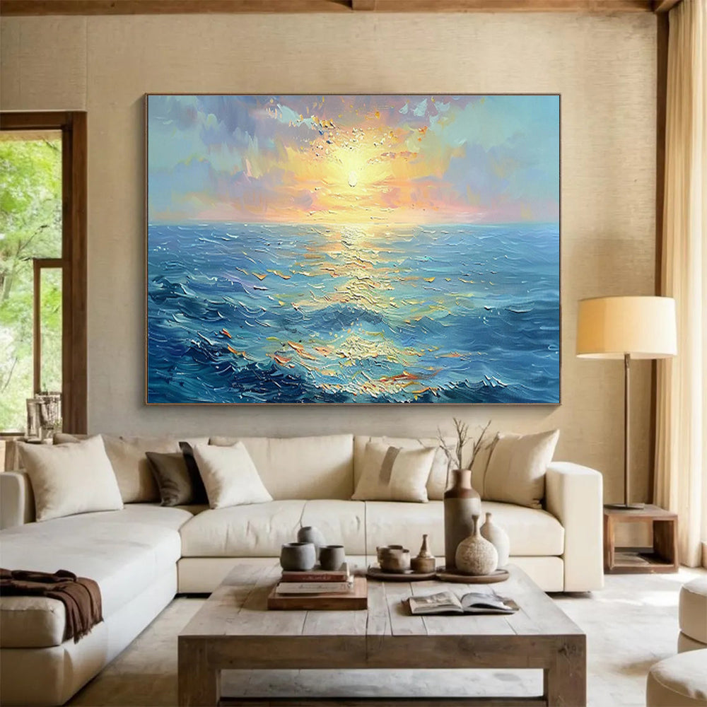 “Vibrant Sunset Sea” - Blue, Orange & Yellow Landscape, Expressive Oil Painting On Canvas DKS760