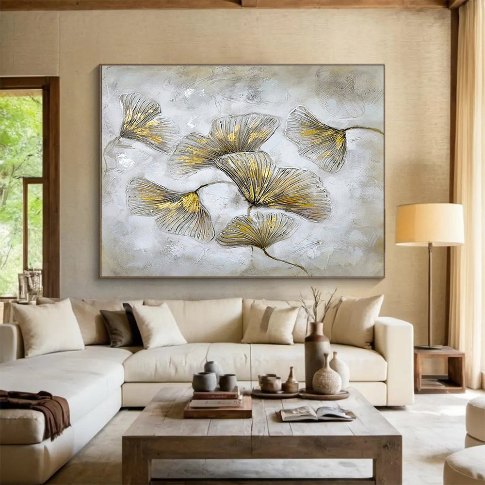 “Gilded Ginkgo Leaves” - Gray, Gold & White Floral, Mixed - Media Painting On Canvas DKS790