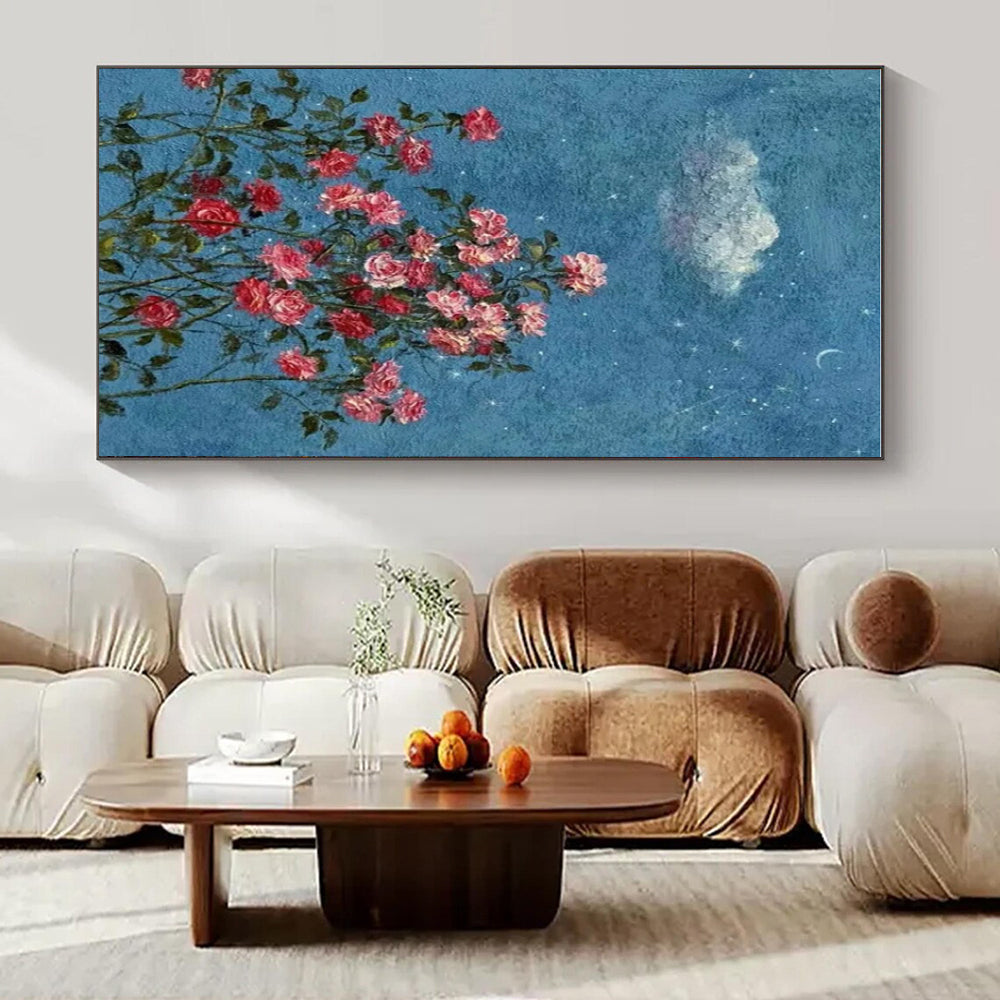 Blue, Pink, Green with Roses and Sky Elements "Starry Blossoms" Abstract Painting On Canvas PS1454