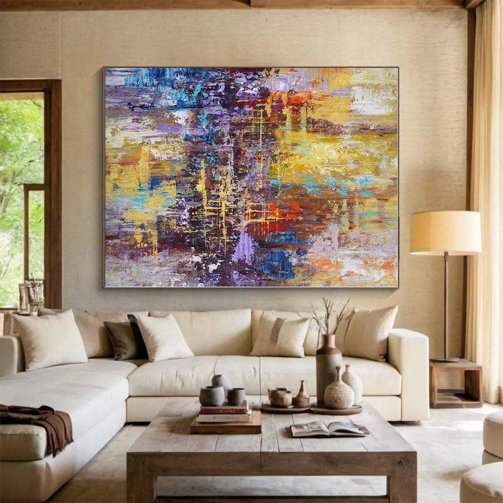 “Vibrant Urban Abstraction” - Yellow, Blue, Purple Abstract Cityscape Painting On Canvas PS0545
