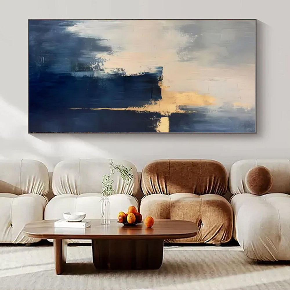 Navy, White, Gold with Abstract Overlays "Gilded Horizons" Abstract Painting On Canvas PS1311