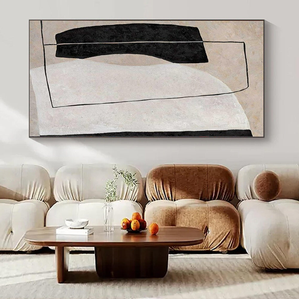 Beige, Black and White with Rectangular and Curved Forms "Form Fusion" Abstract Painting On Canvas PS1123
