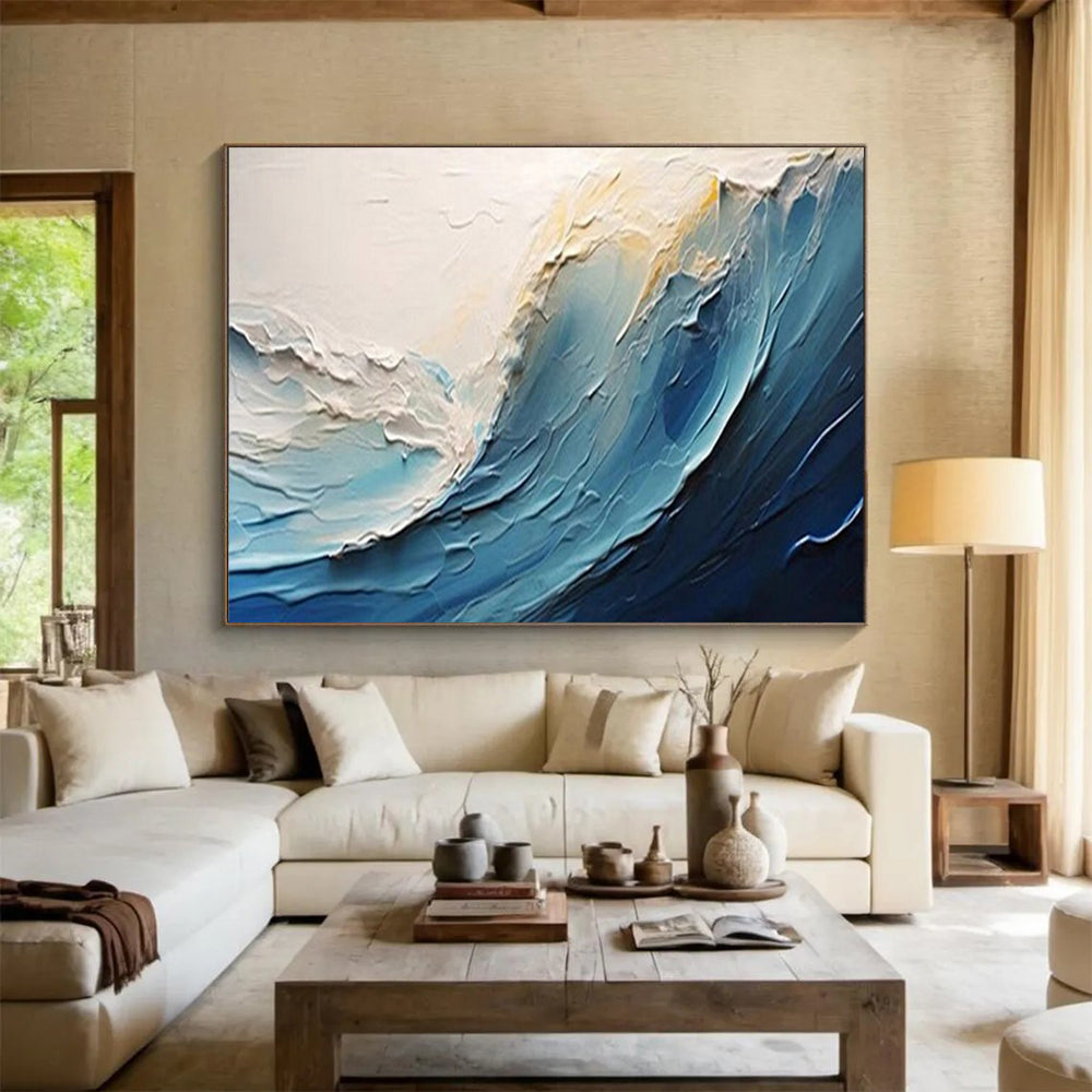“Textured Blue - White Ocean Wave” - Impasto Seaside Painting On Canvas PT1558