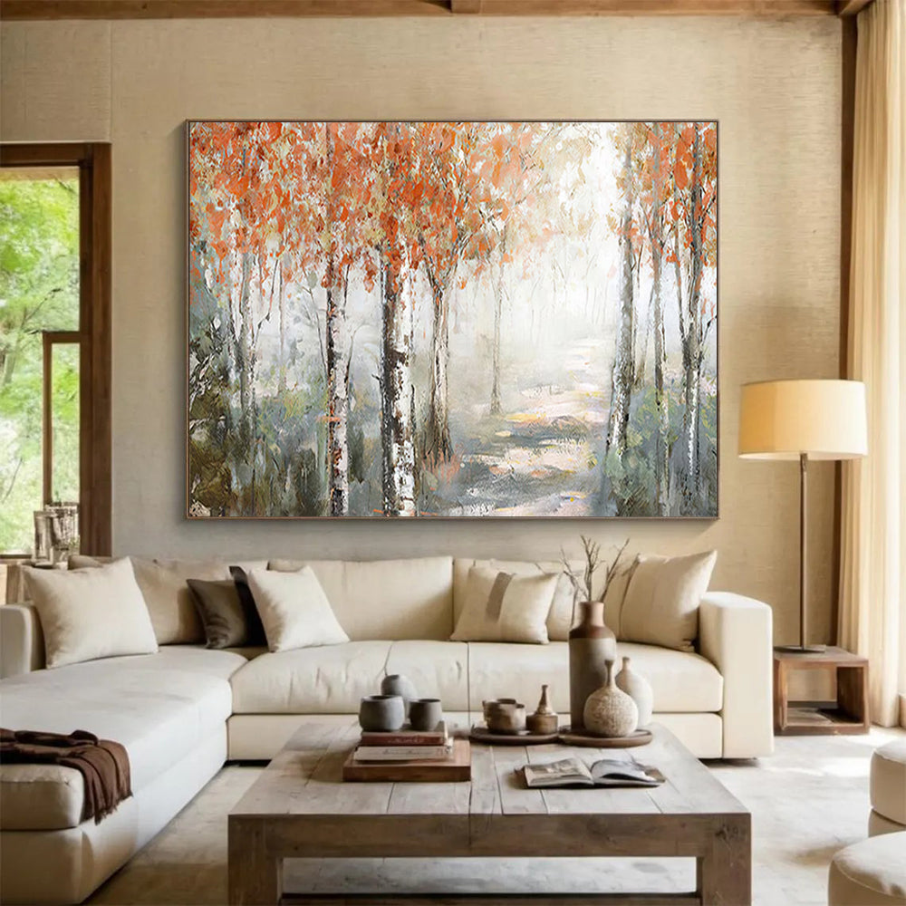 “Autumn Birch Forest Path” - Misty Landscape Painting On Canvas PT222