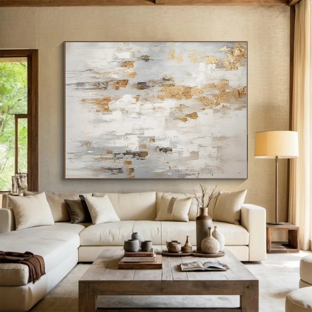 White, Gray & Gold Abstract Splatter "Gilded Mist" Painting On Canvas PS0866