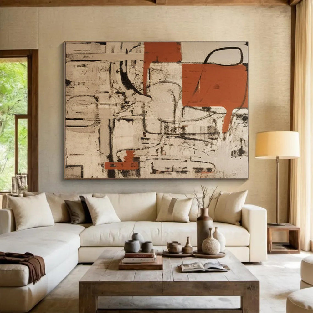 “Rust and Beige Abstract with Black Lines” - Industrial Abstract Painting On Canvas PT099