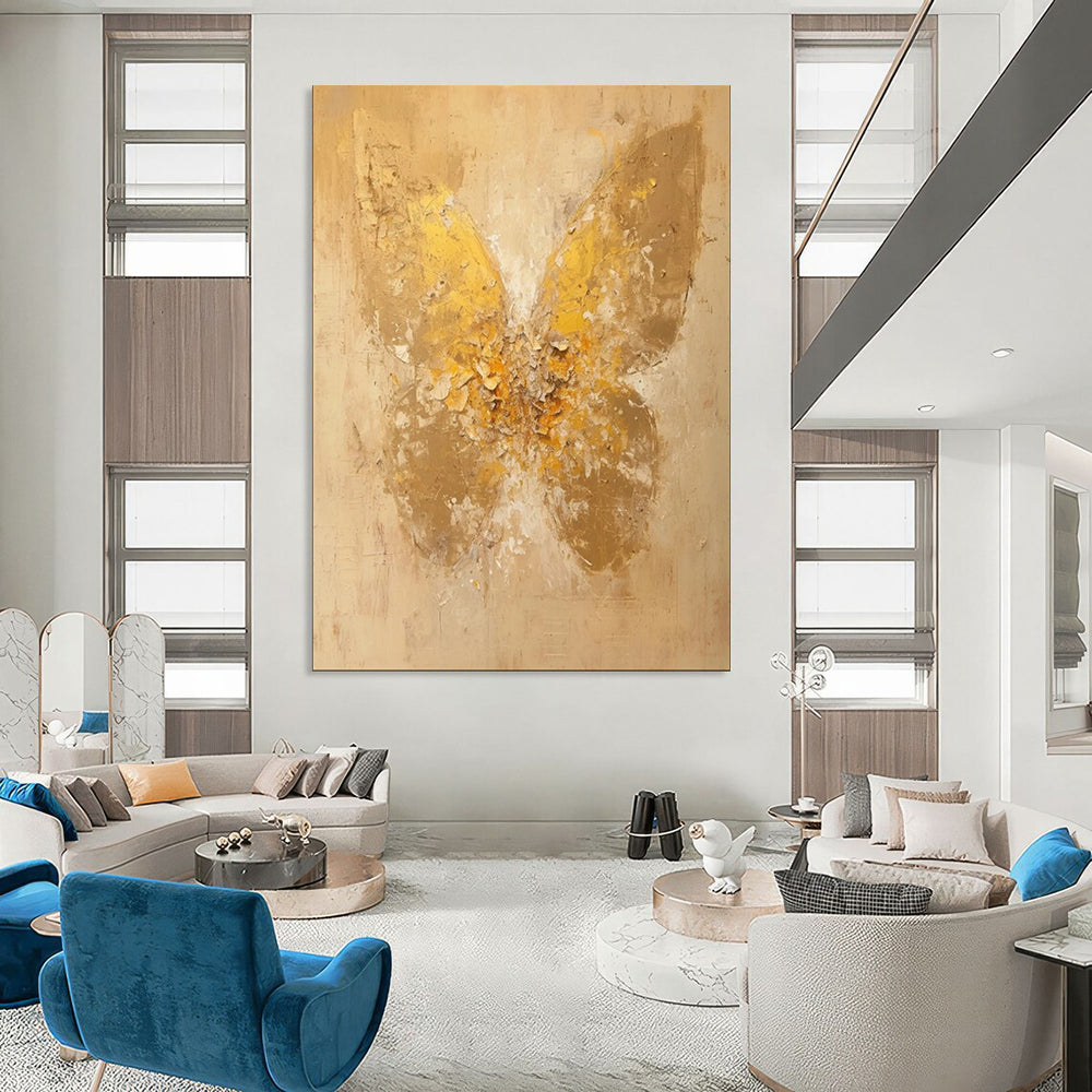 “Textured Gold Butterfly on Beige” - Abstract Insect Painting On Canvas PT1899