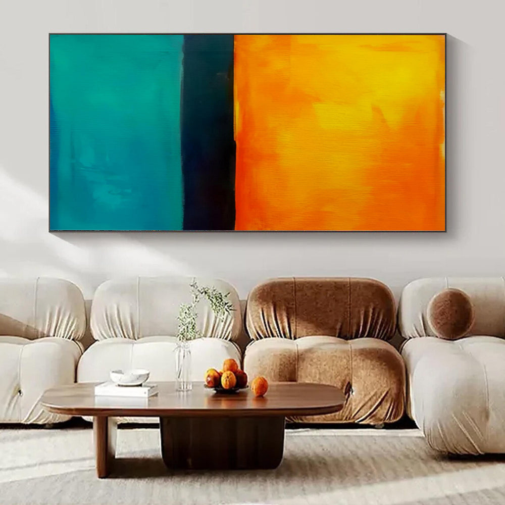 Orange, Teal, Black with Horizontal Bands "Sunset Surf" Abstract Painting On Canvas PS1187