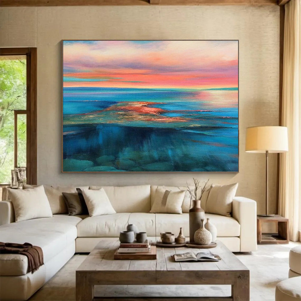 “Vibrant Coastal Sunset in Pinks, Oranges & Blues” - Colorful Seascape Oil Painting On Canvas PT024