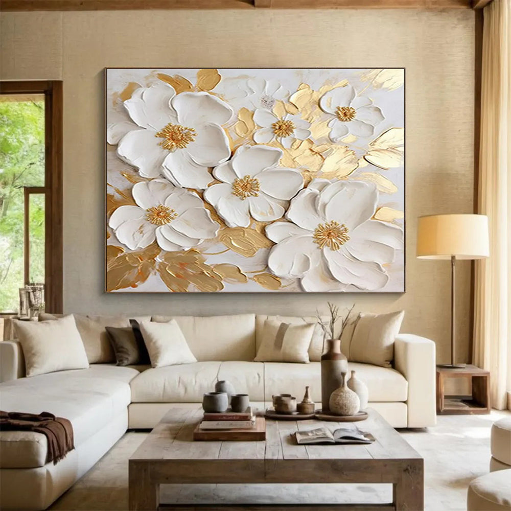 “3D White Flowers & Gold” - White, Gold Abstract Floral Painting On Canvas PS0658