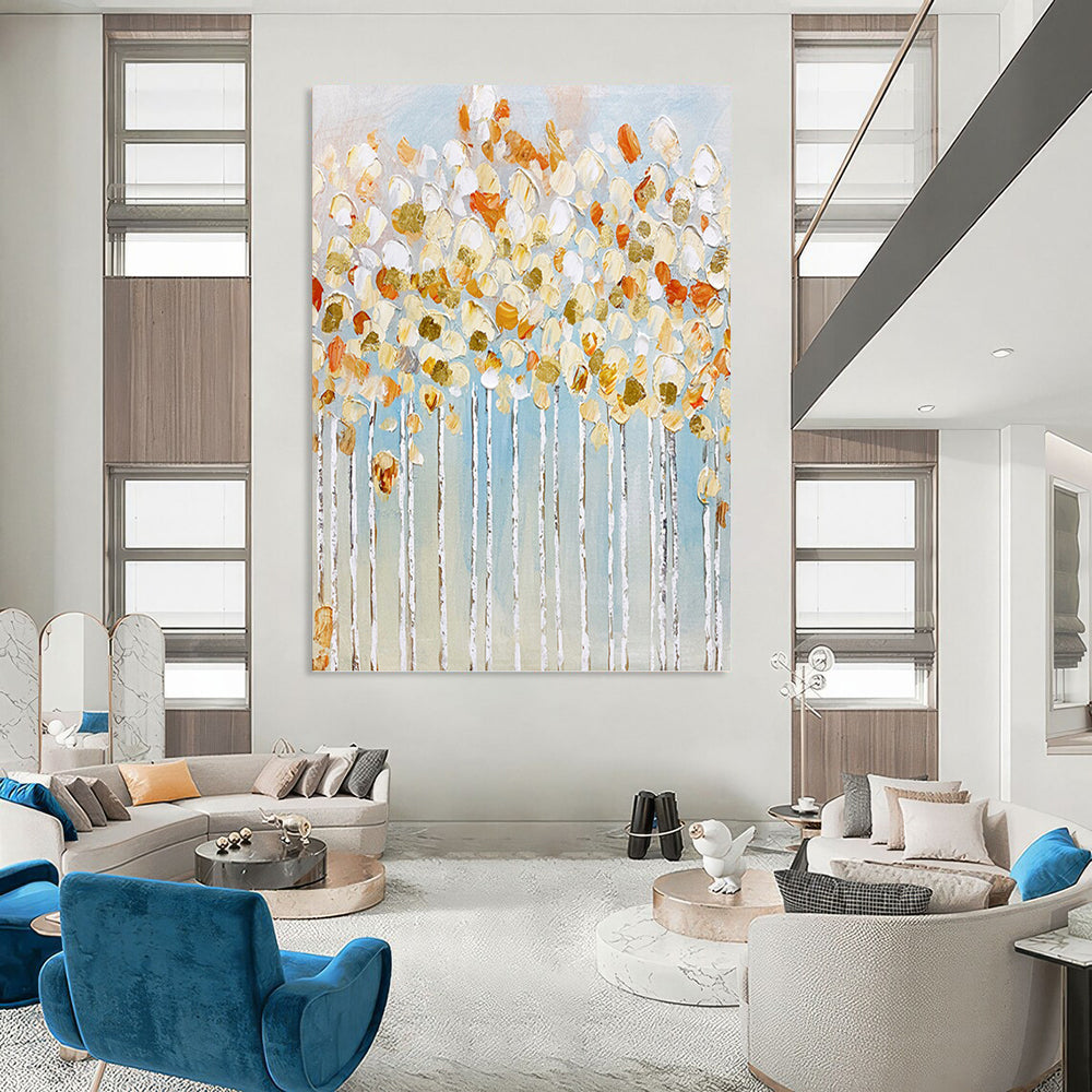 “Golden Blossom Trees” - White, Gold, Blue Floral Abstract Painting On Canvas PT1461