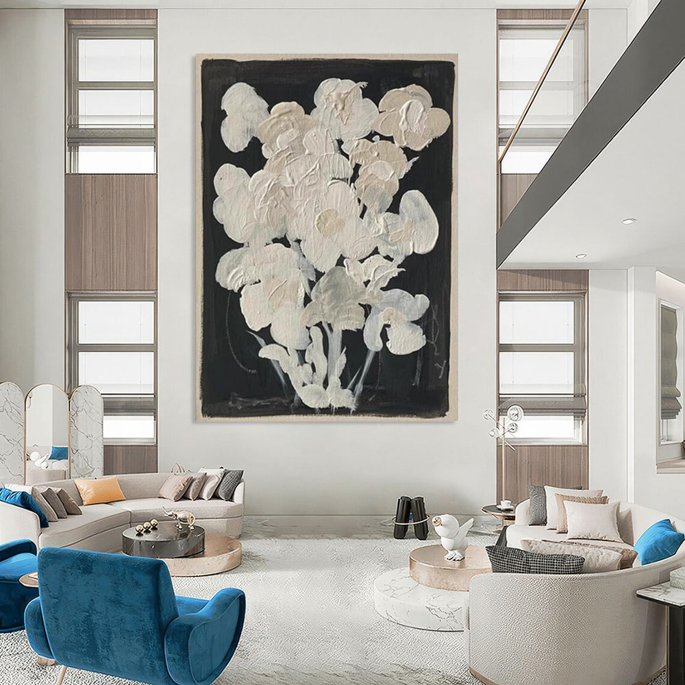“White Blooms” - Minimalist Floral Textures on Black Painting On Canvas DS140