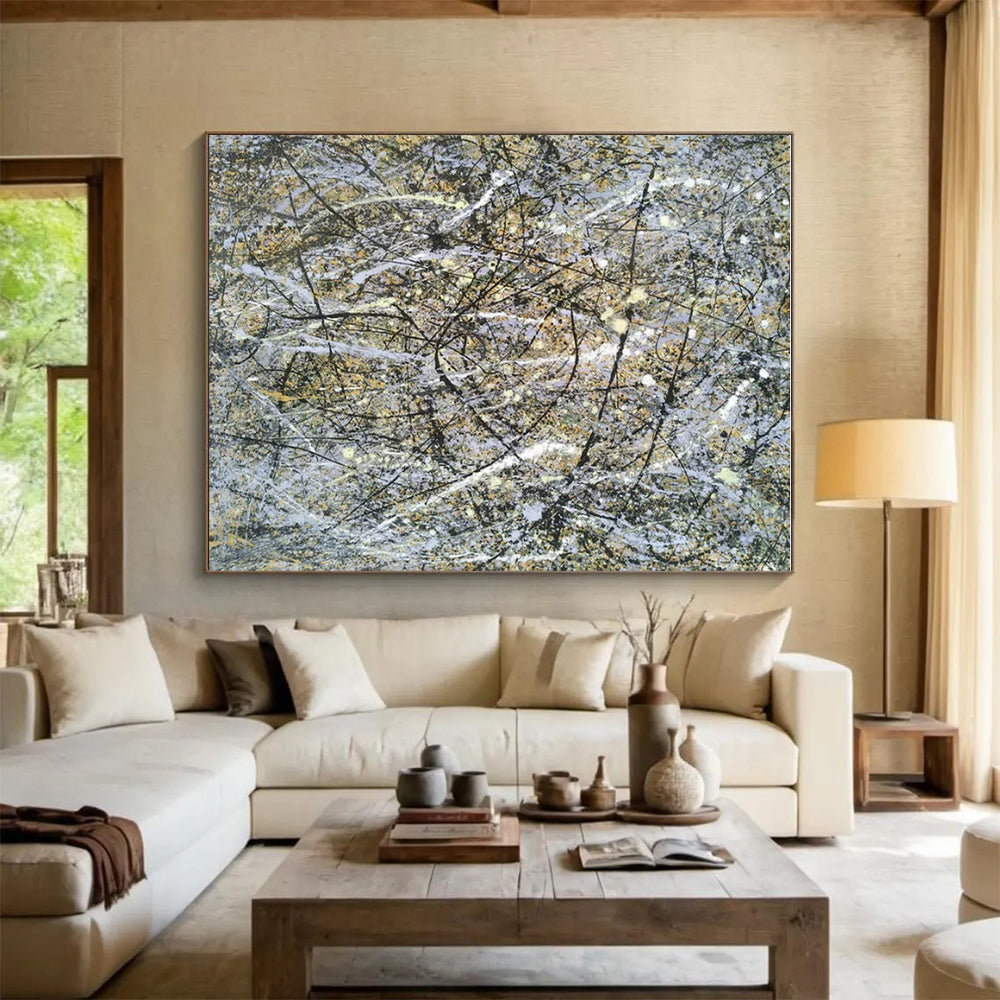 Sprawling Gray - Yellow Splatters, "Chaotic Harmony" – Action - Style Abstract On Canvas PS0905