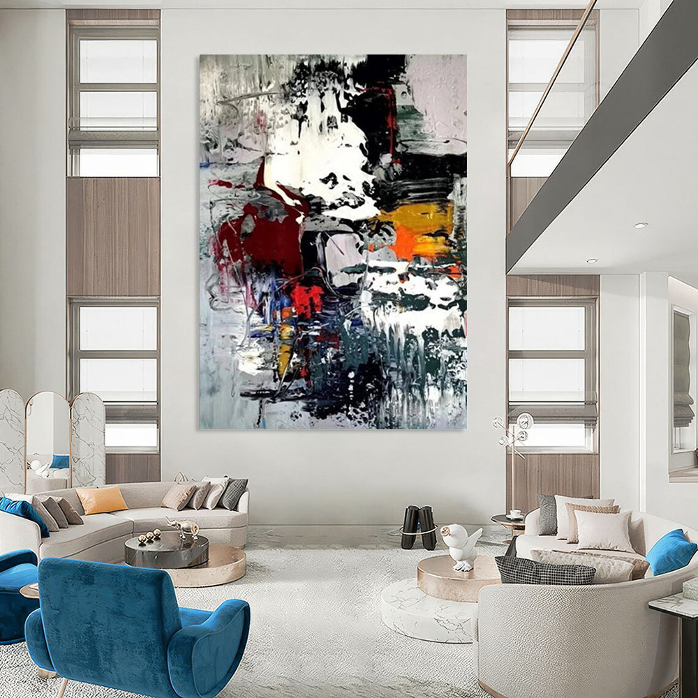 “Colorful Chaos: Red, Yellow, Gray Abstract” - Vibrant Abstract Painting On Canvas DS391