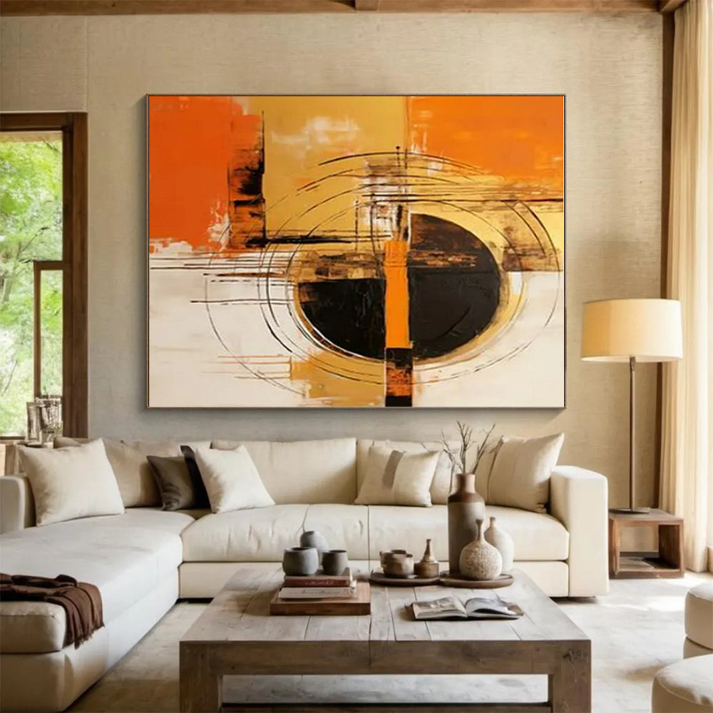Orange, Gold, Black & White Geometric Abstract "Solar Pulse" Painting On Canvas PS0853