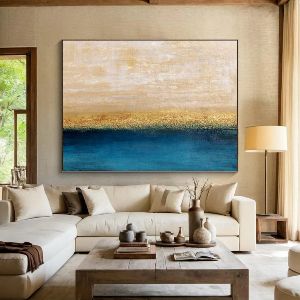 Beige, Gold & Blue Horizon Abstract Painting On Canvas DKS017