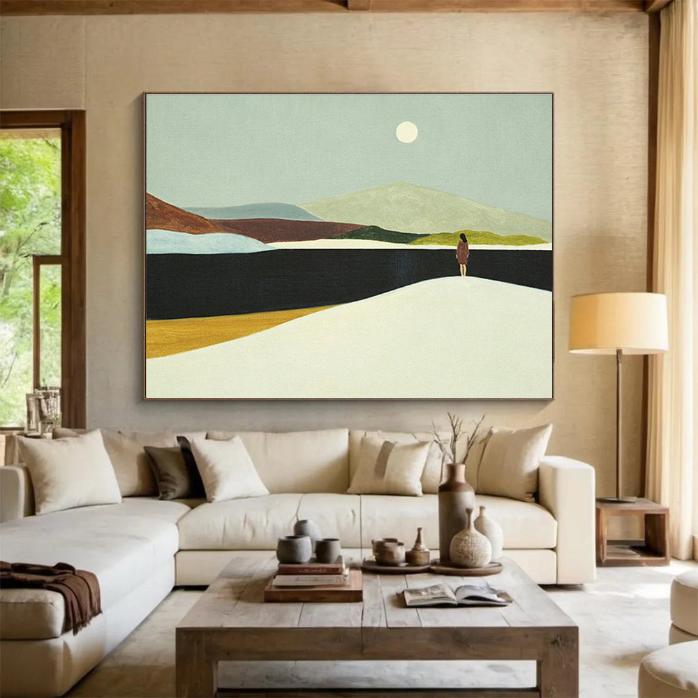 “Moonlit Lake Contemplation” - Blue, Green & Brown Landscape, Minimalist Oil Painting On Canvas DKS739