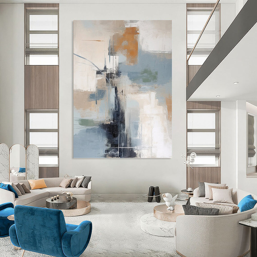 “Blue - Grey - Orange Abstract Shapes” - Cubist Abstract Painting On Canvas PT1254