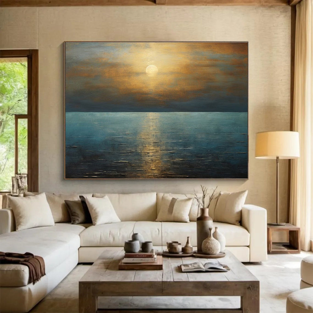Golden Sunset Over Blue Sea Seascape Painting On Canvas DKS102
