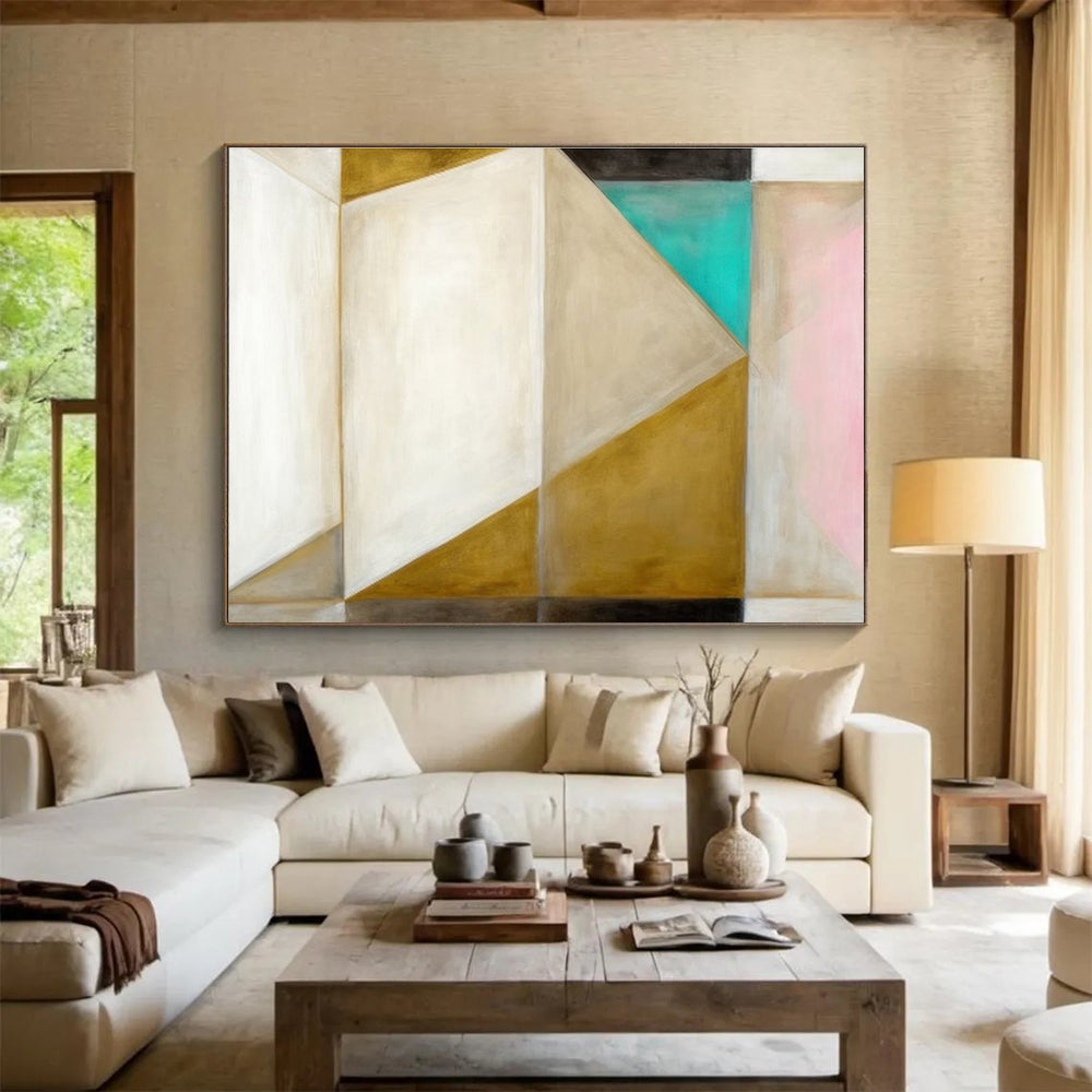 “Gold - White Geometric Harmony” Abstract Painting On Canvas DKS283