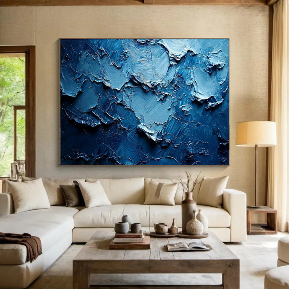 “Textured Blue Abyss” - Blue Abstract, Impasto Oil Painting On Canvas DKS758