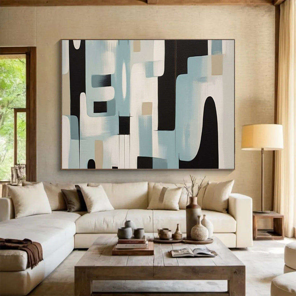 “Blue - Beige Geometric Forms” - Abstract Modernist - Painting On Canvas PT1711