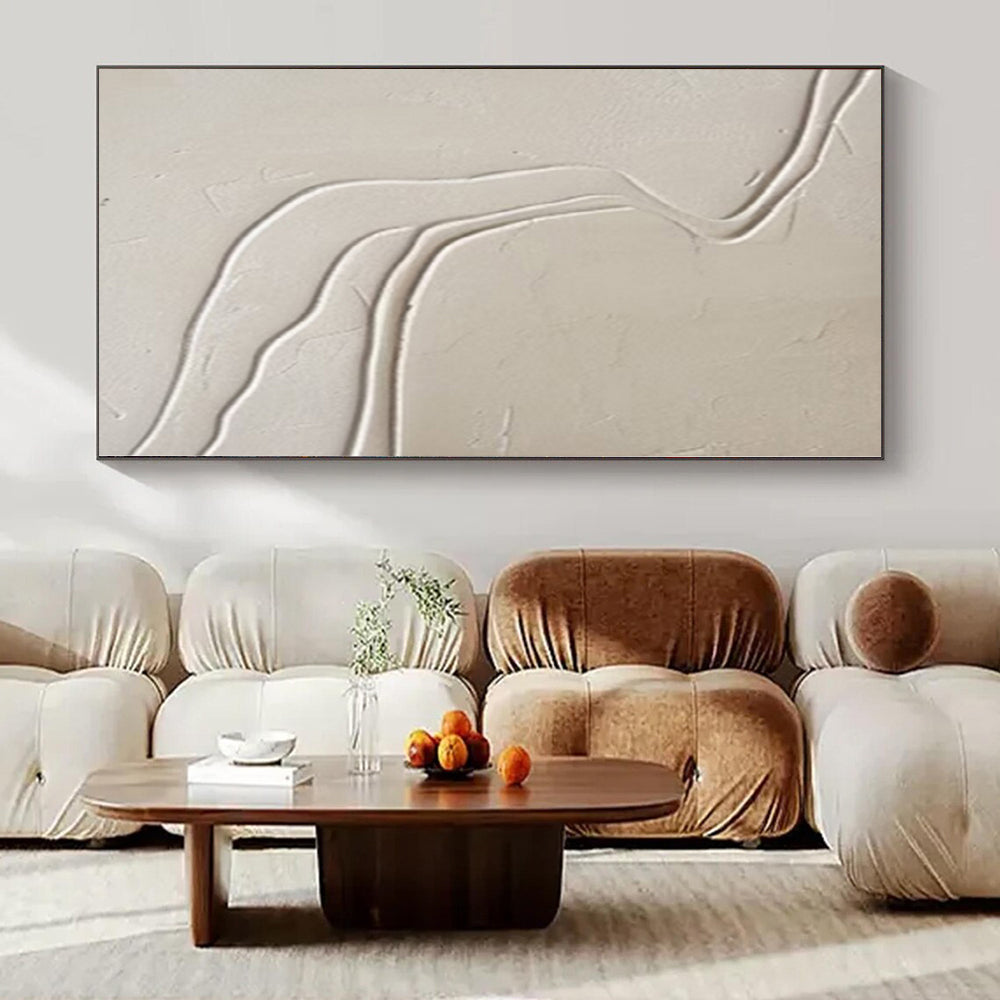 Beige with Curved White Lines "River Flow" Textured Abstract Painting On Canvas PS1094