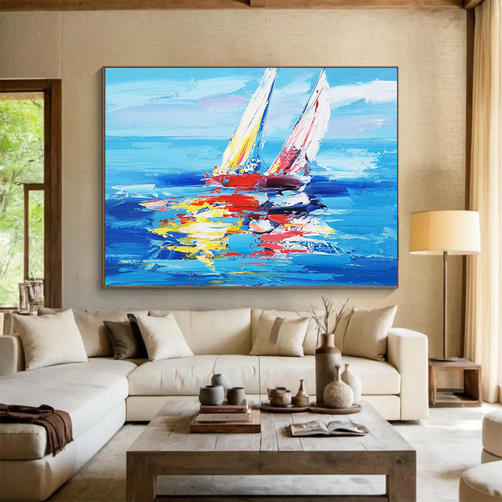 “Blue - Colorful Sailboats” - Expressionist Nautical Painting On Canvas PT266